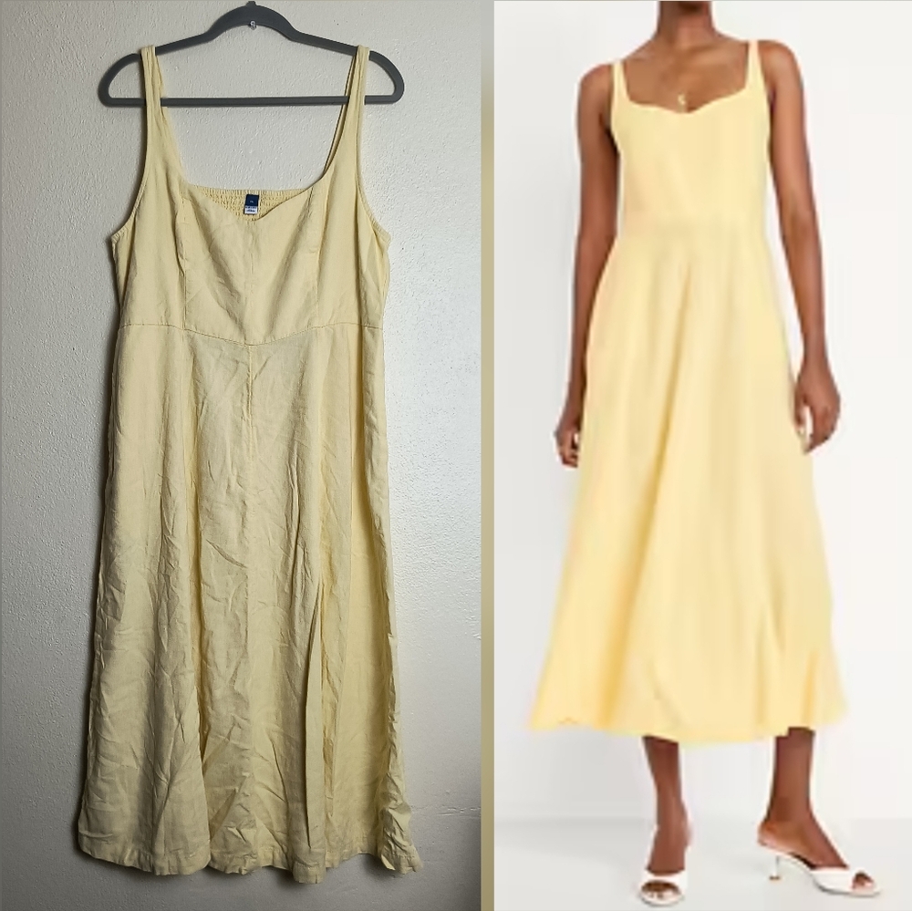 Old Navy XL Tall Light Yellow Fit & Flare Midi Dress Linen Blend V-Neck